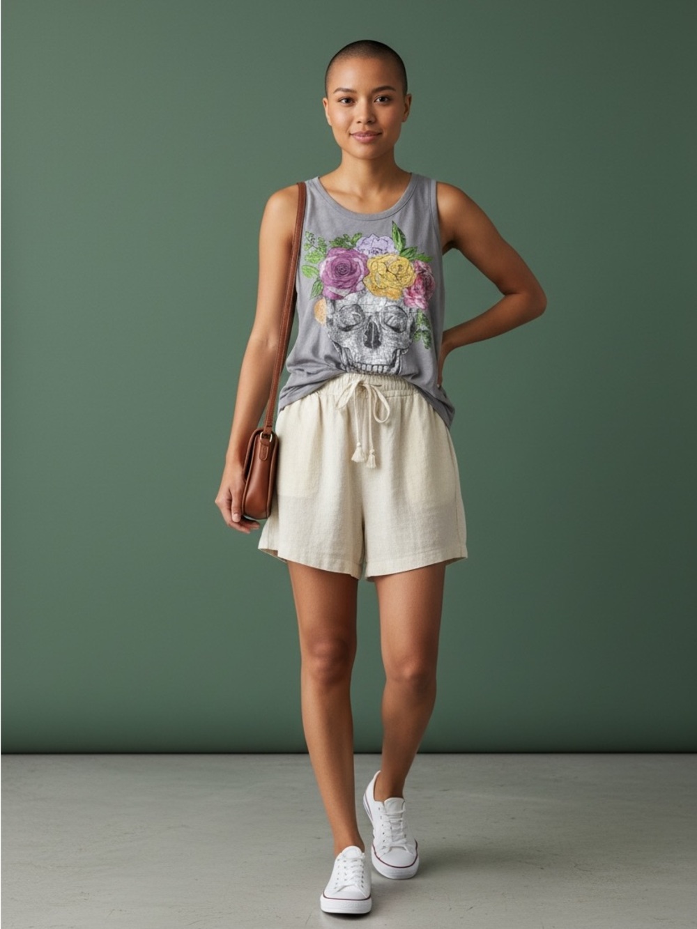 Chaser | NWT | Flower Crown Skull Jersey Tank Top Grey Size | Medium - Picture 3 of 5